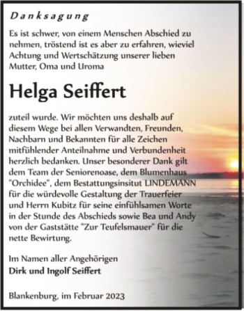 Traueranzeige von Helga Seiffert  von Magdeburger Volksstimme