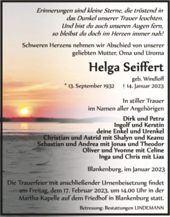 Traueranzeige von Helga Seiffert (geb. Windloff)  von Magdeburger Volksstimme