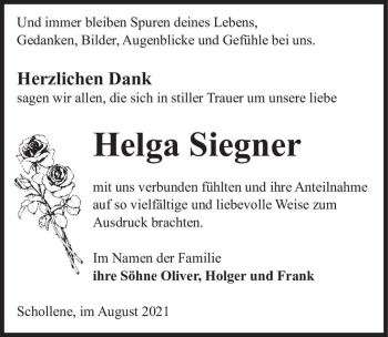 Traueranzeige von Helga Siegner  von Magdeburger Volksstimme
