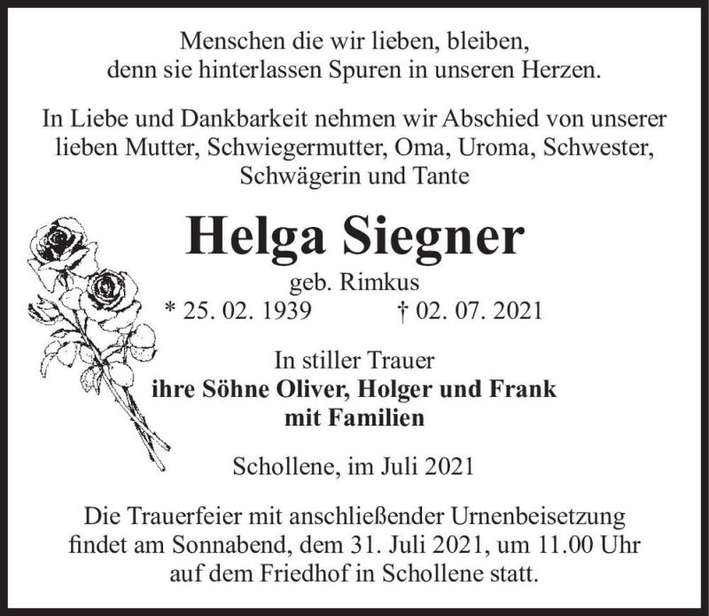  Traueranzeige für Helga Siegner (geb. Rimkus)  vom 10.07.2021 aus Magdeburger Volksstimme