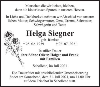 Traueranzeige von Helga Siegner (geb. Rimkus)  von Magdeburger Volksstimme