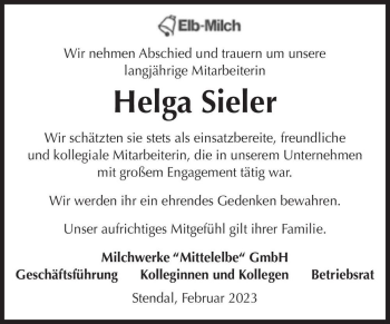 Traueranzeige von Helga Sieler  von Magdeburger Volksstimme