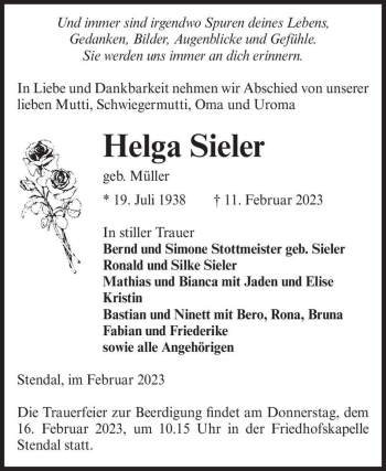 Traueranzeige von Helga Sieler (geb. Müller)  von Magdeburger Volksstimme