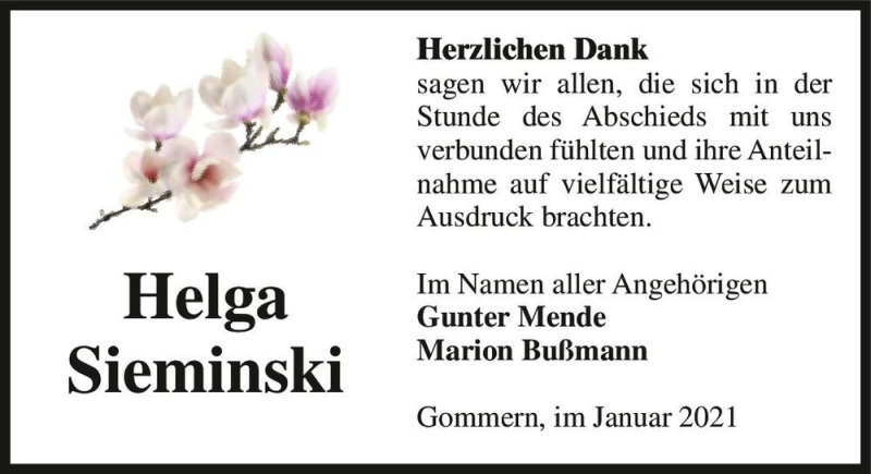  Traueranzeige für Helga Sieminski  vom 23.01.2021 aus Magdeburger Volksstimme