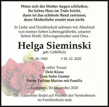 Traueranzeige von Helga Sieminski (geb. Löffelholz)  von Magdeburger Volksstimme
