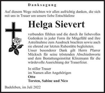 Traueranzeige von Helga Sievert  von Magdeburger Volksstimme