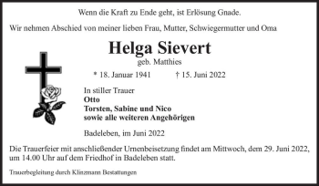 Traueranzeige von Helga Sievert (geb. Matthies)  von Magdeburger Volksstimme
