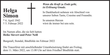 Traueranzeige von Helga Simon  von Magdeburger Volksstimme