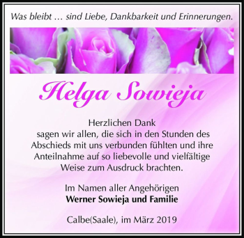 Traueranzeige von Helga Sowieja  von Magdeburger Volksstimme