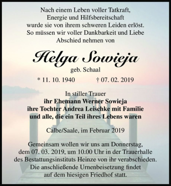 Traueranzeige von Helga Sowieja (geb. Schaal)  von Magdeburger Volksstimme