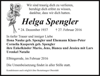 Traueranzeige von Helga Spengler  von Magdeburger Volksstimme