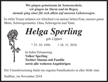 Traueranzeige von Helga Sperling (geb. Lippert)  von Magdeburger Volksstimme