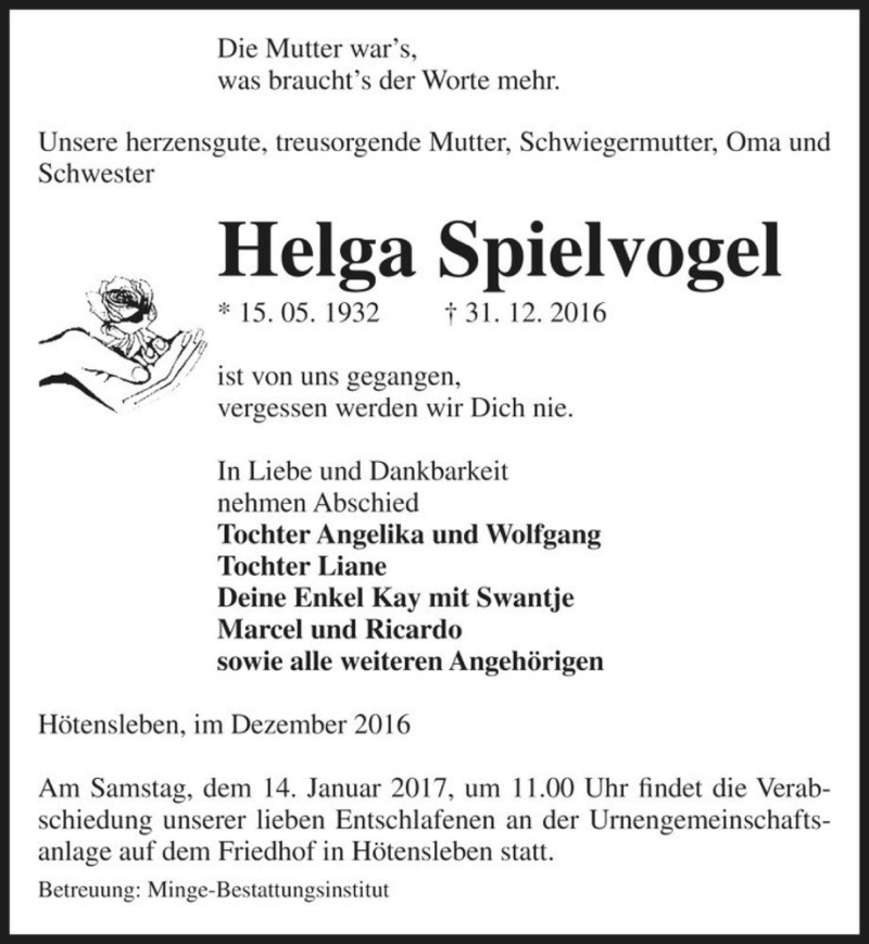  Traueranzeige für Helga Spielvogel  vom 04.01.2017 aus Magdeburger Volksstimme