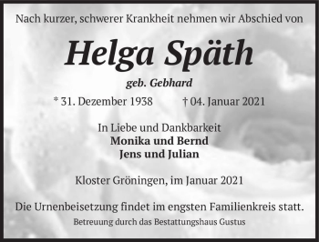 Traueranzeige von Helga Späth (geb. Gebhard)  von Magdeburger Volksstimme