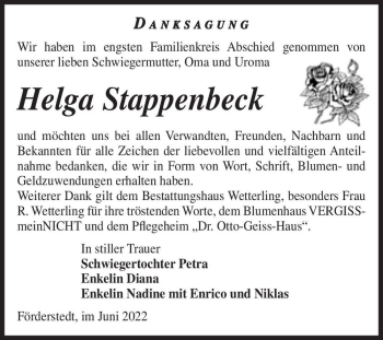 Traueranzeige von Helga Stappenbeck  von Magdeburger Volksstimme