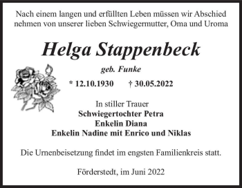 Traueranzeige von Helga Stappenbeck (geb. Funke)  von Magdeburger Volksstimme