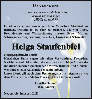 Traueranzeige von Helga Staufenbiel  von Magdeburger Volksstimme