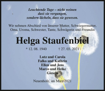 Traueranzeige von Helga Staufenbiel  von Magdeburger Volksstimme