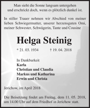 Traueranzeige von Helga Steinig  von Magdeburger Volksstimme