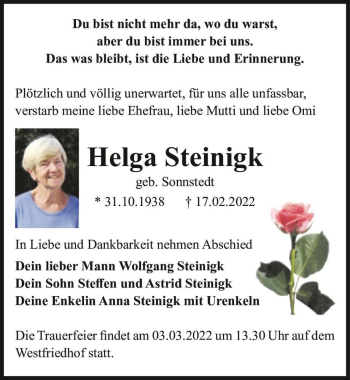 Traueranzeige von Helga Steinigk (geb. Sonnstedt)  von Magdeburger Volksstimme