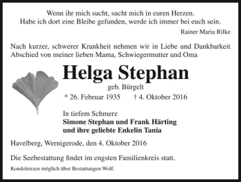 Traueranzeige von Helga Stephan (geb. Bürgelt)  von Magdeburger Volksstimme