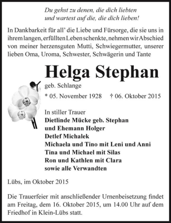 Traueranzeige von Helga Stephan (geb. Schlange)  von Magdeburger Volksstimme