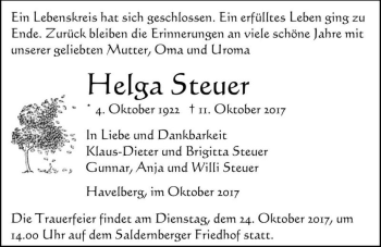 Traueranzeige von Helga Steuer  von Magdeburger Volksstimme