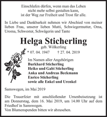 Traueranzeige von Helga Sticherling (geb. Wölkerling)  von Magdeburger Volksstimme