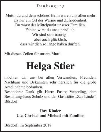 Traueranzeige von Helga Stier  von Magdeburger Volksstimme