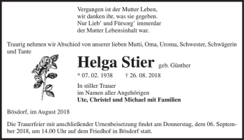 Traueranzeige von Helga Stier (geb. Günther)  von Magdeburger Volksstimme