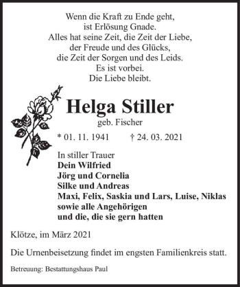 Traueranzeige von Helga Stiller (geb. Fischer)  von Magdeburger Volksstimme