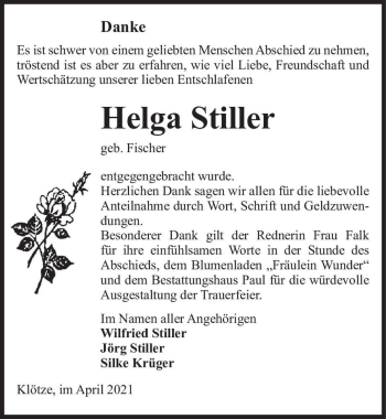 Traueranzeige von Helga Stiller (geb. Fischer)  von Magdeburger Volksstimme