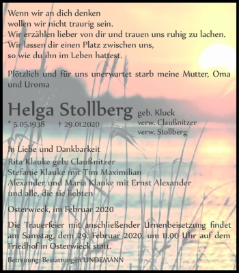 Traueranzeige von Helga Stollberg (geb. Kluck, verw. Claußnitzer, verw. Stollberg)  von Magdeburger Volksstimme