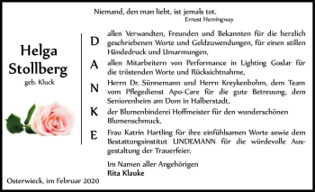 Traueranzeige von Helga Stollberg (geb. Kluck)  von Magdeburger Volksstimme