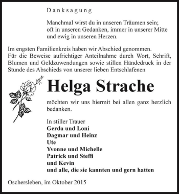 Traueranzeige von Helga Strache  von Magdeburger Volksstimme