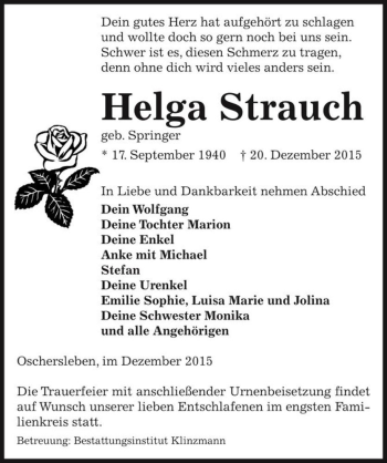 Traueranzeige von Helga Strauch (geb. Springer)  von Magdeburger Volksstimme