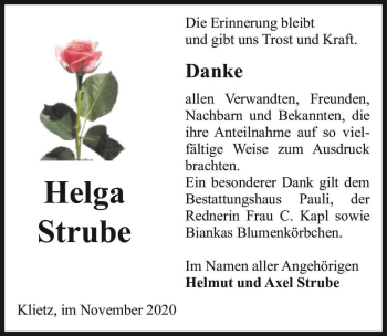 Traueranzeige von Helga Strube  von Magdeburger Volksstimme