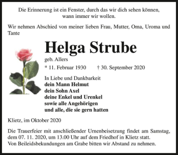 Traueranzeige von Helga Strube (geb. Allers)  von Magdeburger Volksstimme
