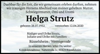 Traueranzeige von Helga Strutz  von Magdeburger Volksstimme