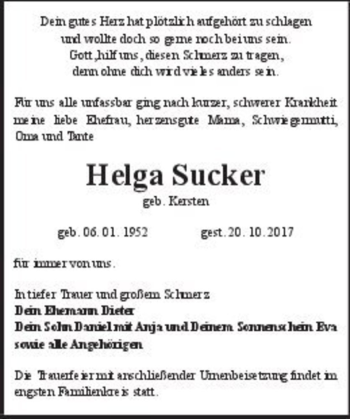 Traueranzeige von Helga Sucker (geb. Kersten)  von Magdeburger Volksstimme