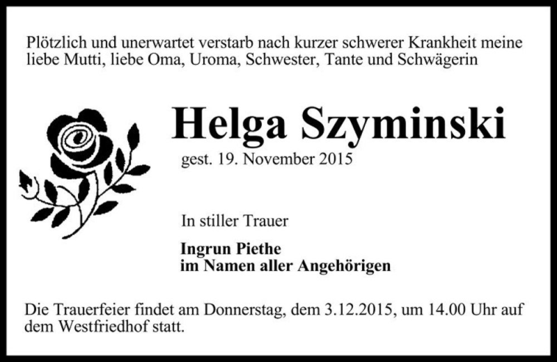  Traueranzeige für Helga Szyminski  vom 28.11.2015 aus Magdeburger Volksstimme