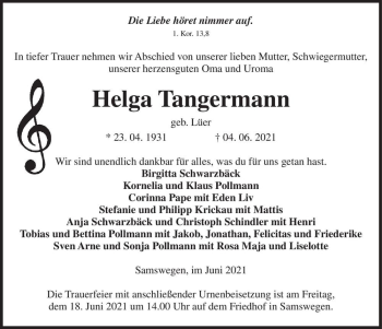 Traueranzeige von Helga Tangermann (geb. Lüer)  von Magdeburger Volksstimme