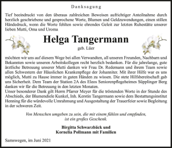 Traueranzeige von Helga Tangermann (geb. Lüer)  von Magdeburger Volksstimme