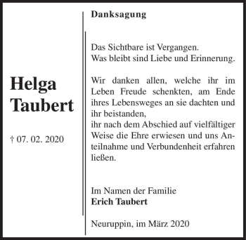 Traueranzeige von Helga Taubert  von Magdeburger Volksstimme