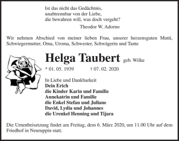 Traueranzeige von Helga Taubert (geb. Wilke)  von Magdeburger Volksstimme