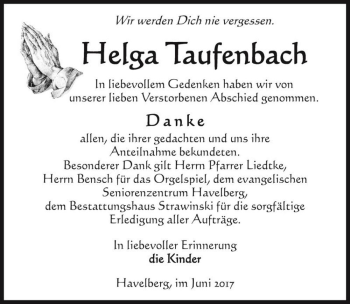 Traueranzeige von Helga Taufenbach  von Magdeburger Volksstimme
