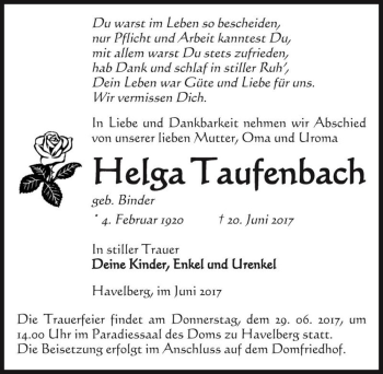 Traueranzeige von Helga Taufenbach (geb. Binder)  von Magdeburger Volksstimme