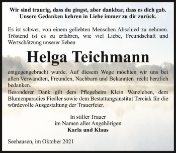 Traueranzeige von Helga Teichmann  von Magdeburger Volksstimme