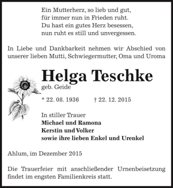 Traueranzeige von Helga Teschke (geb. Geide)  von Magdeburger Volksstimme
