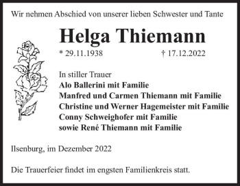 Traueranzeige von Helga Thiemann  von Magdeburger Volksstimme